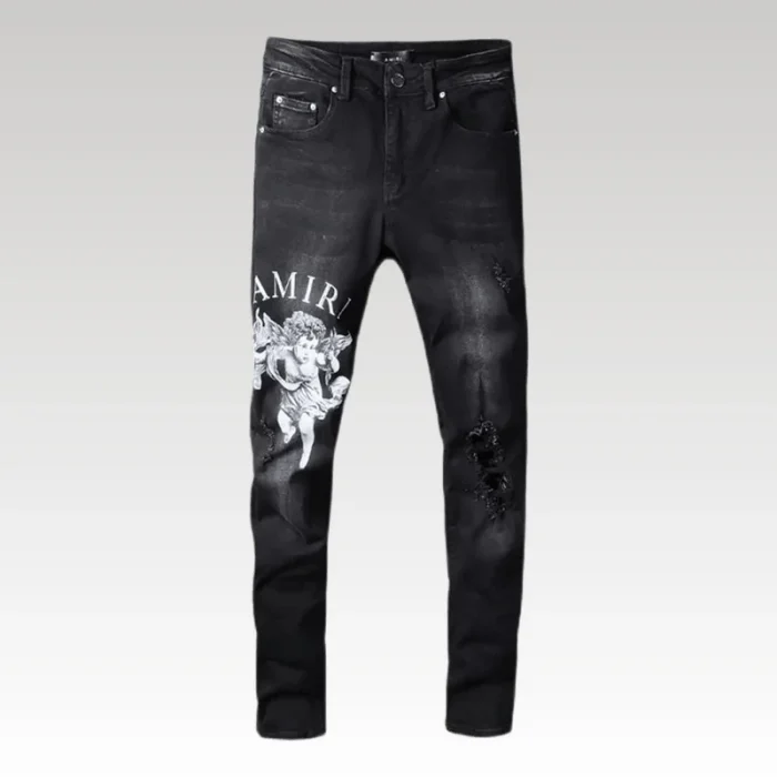 AMIRI jeans angel​ black with white angel print and distressed details on premium black denim